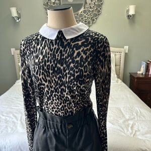 NWT fine cotton knit leopard sweater with faux white oxford shirt collar.